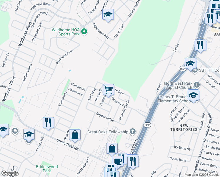 map of restaurants, bars, coffee shops, grocery stores, and more near 9122 Herman Hollow in San Antonio