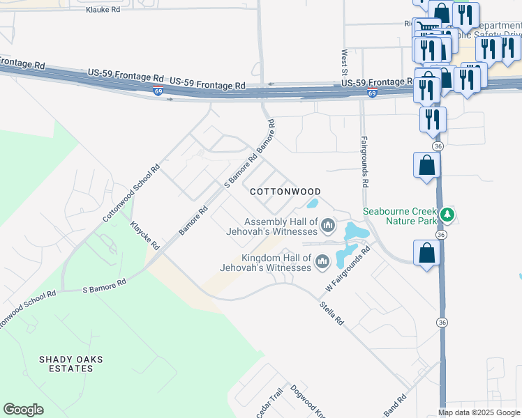 map of restaurants, bars, coffee shops, grocery stores, and more near 1135 Desert Oasis Lane in Rosenberg