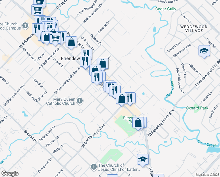 map of restaurants, bars, coffee shops, grocery stores, and more near 701 South Friendswood Drive in Friendswood