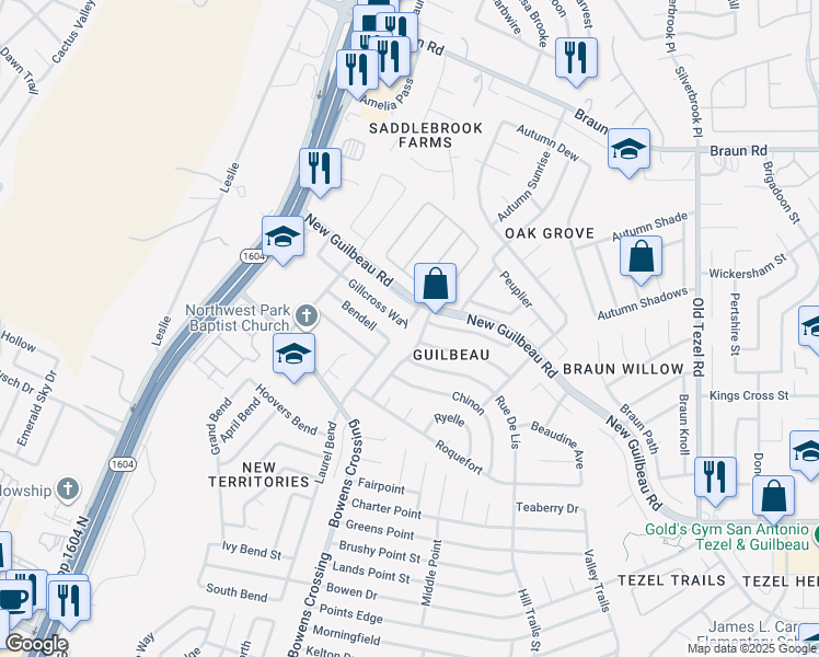 map of restaurants, bars, coffee shops, grocery stores, and more near 9303 Gillcross Way in San Antonio