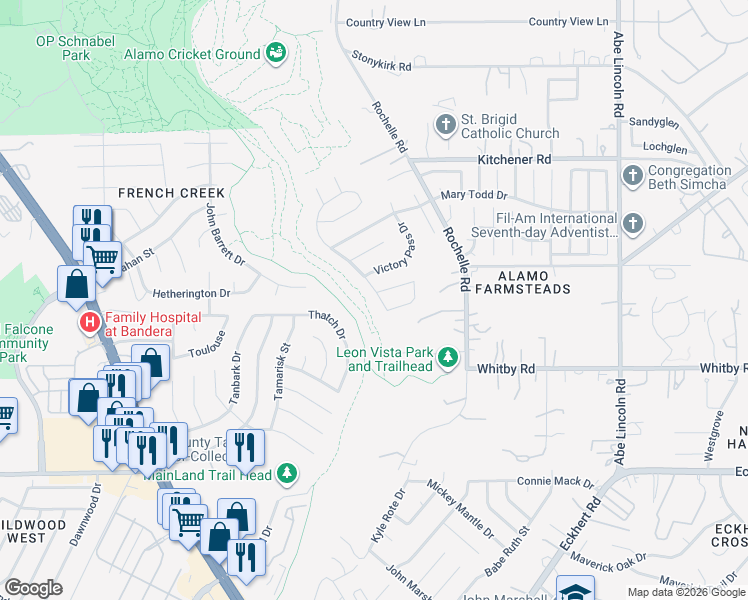 map of restaurants, bars, coffee shops, grocery stores, and more near 9131 Maverick Pass in San Antonio