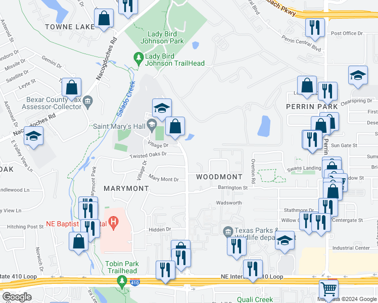 map of restaurants, bars, coffee shops, grocery stores, and more near 9310 Starcrest Drive in San Antonio