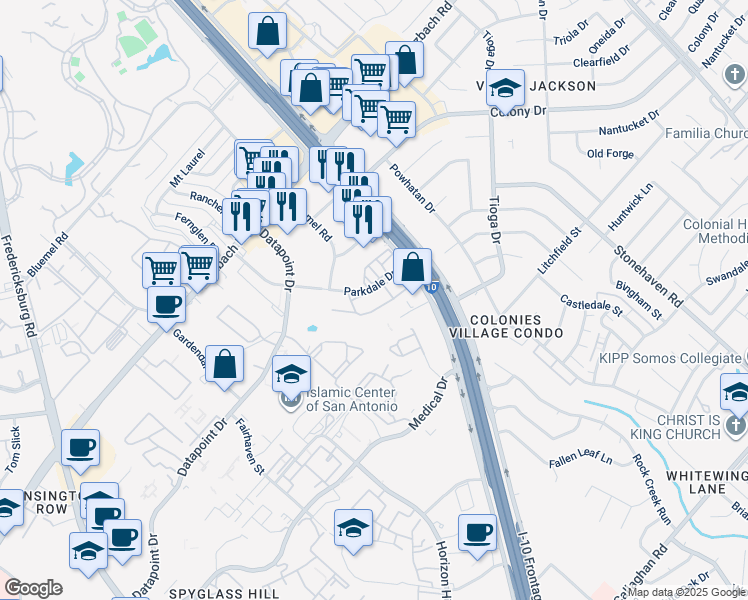 map of restaurants, bars, coffee shops, grocery stores, and more near 3817 Parkdale Street in San Antonio
