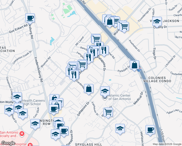 map of restaurants, bars, coffee shops, grocery stores, and more near 9030 Wurzbach Road in San Antonio