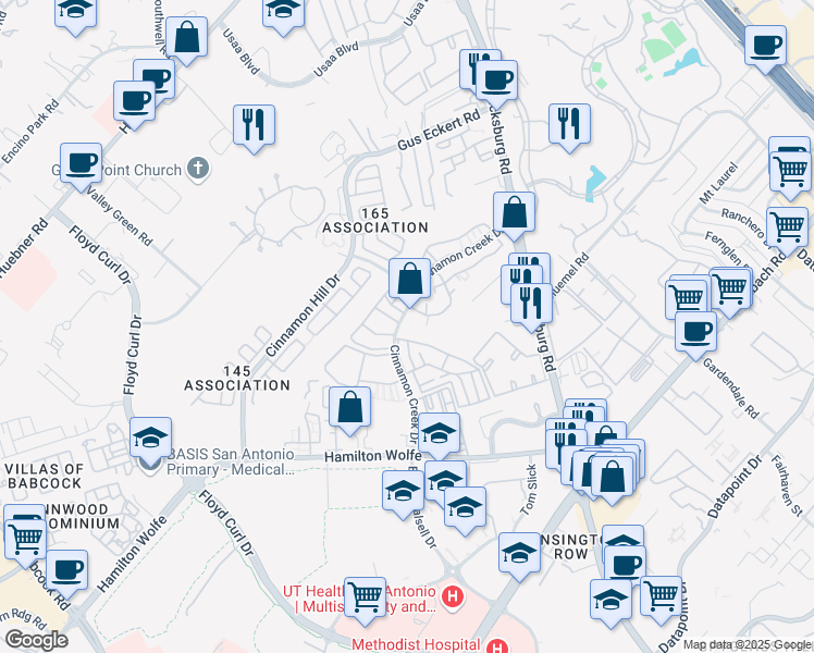 map of restaurants, bars, coffee shops, grocery stores, and more near 15 Cinnamon Creek Drive in San Antonio