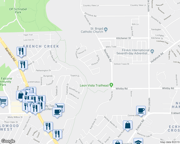 map of restaurants, bars, coffee shops, grocery stores, and more near 9131 Maverick Pass in San Antonio