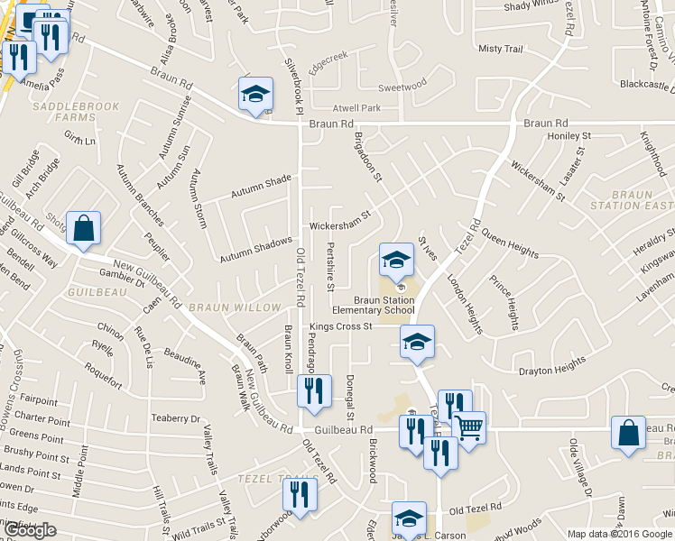map of restaurants, bars, coffee shops, grocery stores, and more near 8827 Wimbledon Street in San Antonio
