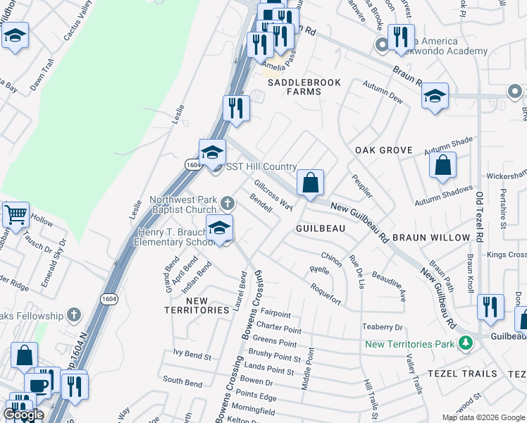 map of restaurants, bars, coffee shops, grocery stores, and more near 9331 Bendell in San Antonio