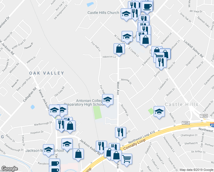 map of restaurants, bars, coffee shops, grocery stores, and more near 115 Fox Hall Lane in San Antonio