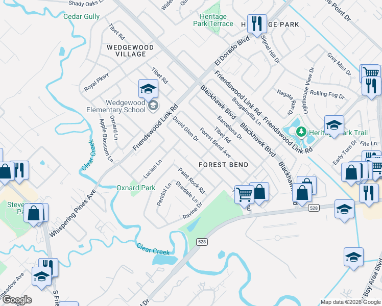 map of restaurants, bars, coffee shops, grocery stores, and more near 16731 Townes Road in Friendswood