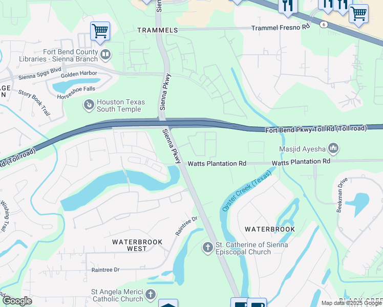 map of restaurants, bars, coffee shops, grocery stores, and more near 5330 Sienna Parkway in Missouri City