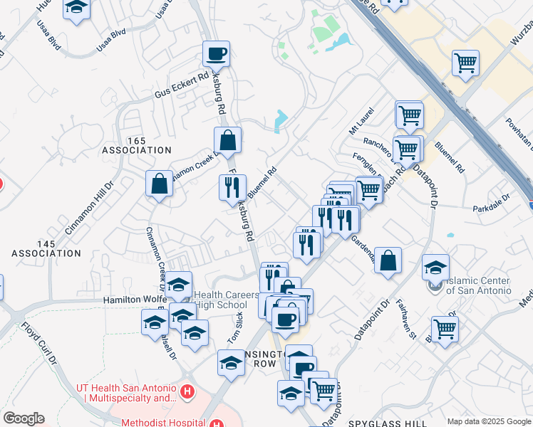 map of restaurants, bars, coffee shops, grocery stores, and more near 9400 Fredericksburg Road in San Antonio