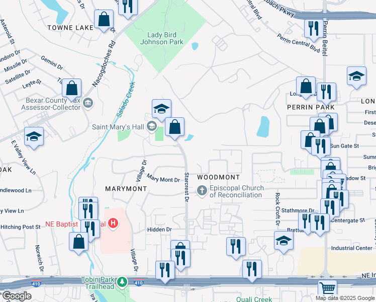 map of restaurants, bars, coffee shops, grocery stores, and more near 9310 Starcrest Drive in San Antonio