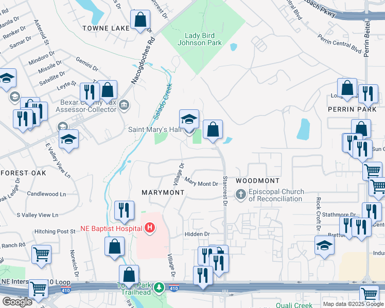 map of restaurants, bars, coffee shops, grocery stores, and more near 3711 Twisted Oaks Drive in San Antonio