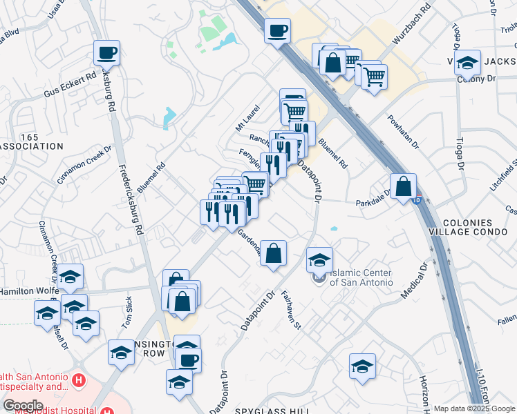 map of restaurants, bars, coffee shops, grocery stores, and more near 9030 Wurzbach Road in San Antonio