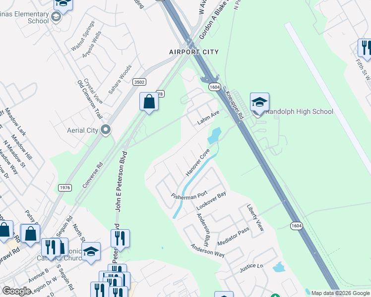 map of restaurants, bars, coffee shops, grocery stores, and more near 9747 Harbor Mist Lane in Converse