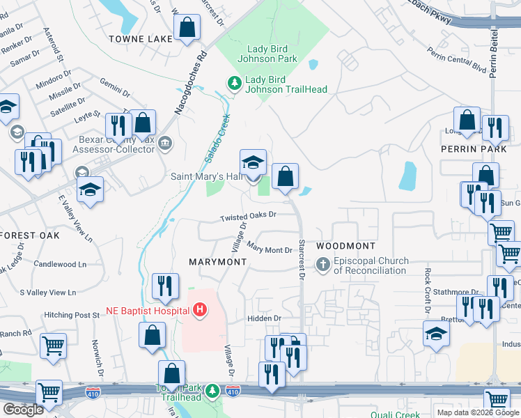 map of restaurants, bars, coffee shops, grocery stores, and more near 3711 Twisted Oaks Drive in San Antonio