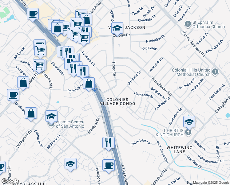 map of restaurants, bars, coffee shops, grocery stores, and more near 9514 Powhatan Drive in San Antonio