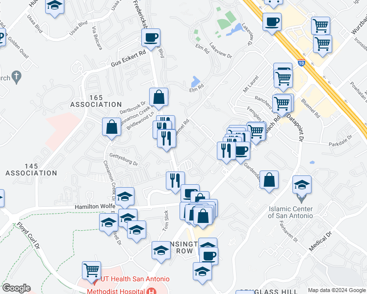 map of restaurants, bars, coffee shops, grocery stores, and more near 9400 Fredericksburg Road in San Antonio