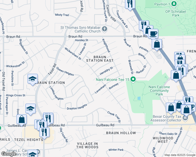 map of restaurants, bars, coffee shops, grocery stores, and more near 8440 Heraldry Street in San Antonio