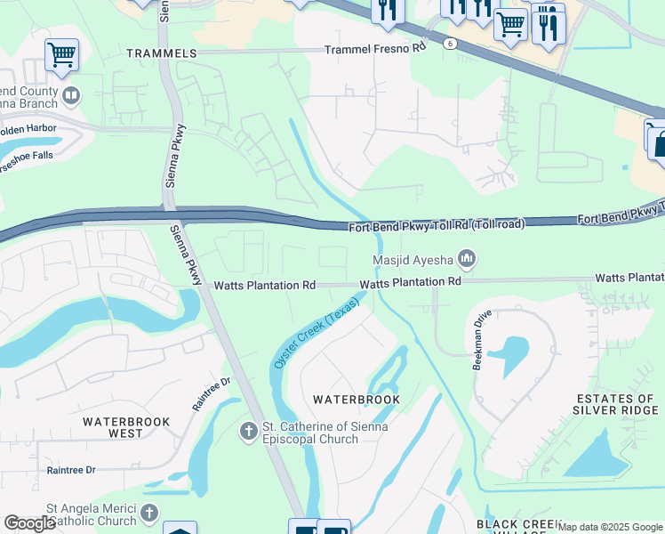 map of restaurants, bars, coffee shops, grocery stores, and more near 5311 Arthurian Lane in Missouri City