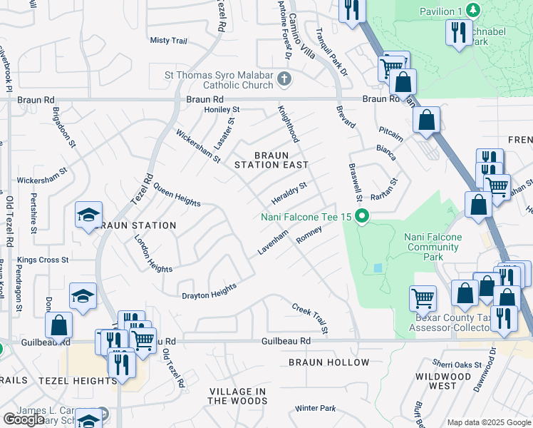map of restaurants, bars, coffee shops, grocery stores, and more near 8440 Heraldry Street in San Antonio