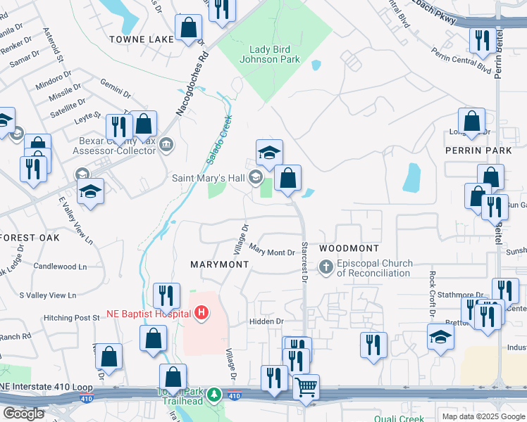 map of restaurants, bars, coffee shops, grocery stores, and more near 3711 Twisted Oaks Drive in San Antonio