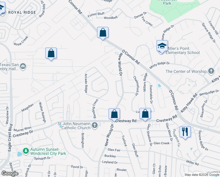 map of restaurants, bars, coffee shops, grocery stores, and more near 9506 Bending Crest in San Antonio
