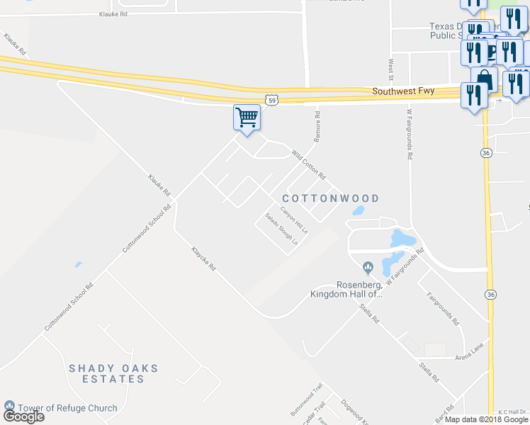 map of restaurants, bars, coffee shops, grocery stores, and more near Barton Creek Lane in Rosenberg