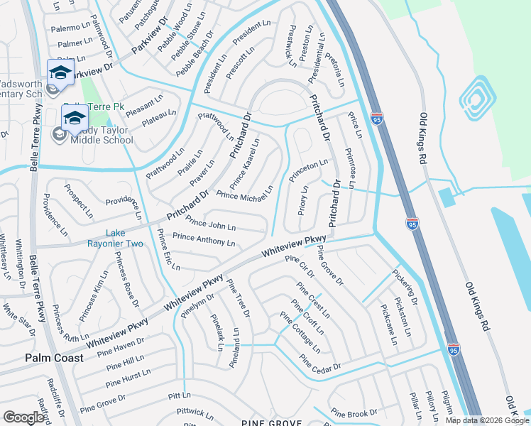 map of restaurants, bars, coffee shops, grocery stores, and more near 86 Prince Eric Lane in Palm Coast