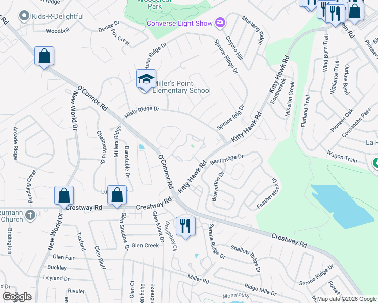 map of restaurants, bars, coffee shops, grocery stores, and more near 7461 Kitty Hawk Road in Converse