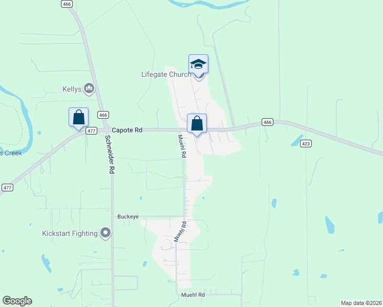 map of restaurants, bars, coffee shops, grocery stores, and more near 135 Muehl Road in Seguin