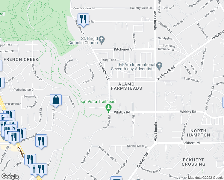 map of restaurants, bars, coffee shops, grocery stores, and more near 8862 Rochelle Road in San Antonio