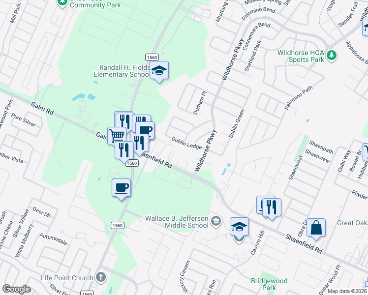 map of restaurants, bars, coffee shops, grocery stores, and more near 11154 Dublin Circle in San Antonio