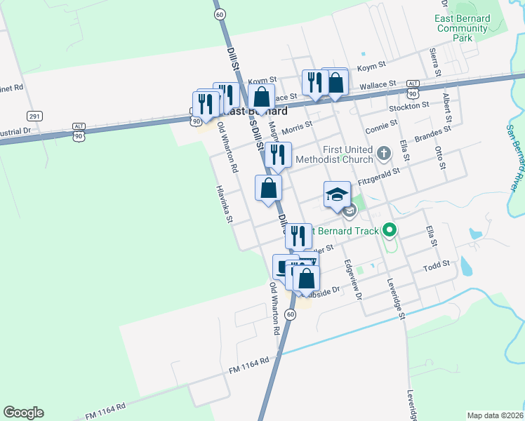 map of restaurants, bars, coffee shops, grocery stores, and more near 435 Old Wharton Road in East Bernard
