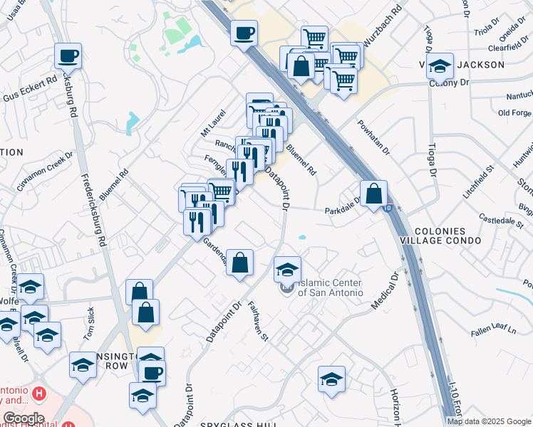 map of restaurants, bars, coffee shops, grocery stores, and more near 4100 Parkdale Street in San Antonio