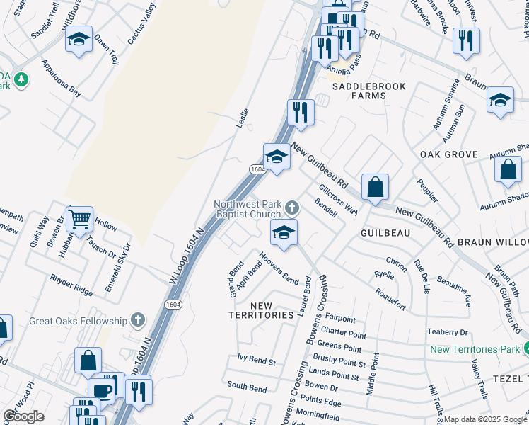 map of restaurants, bars, coffee shops, grocery stores, and more near 8723 Bowens Crossing in San Antonio