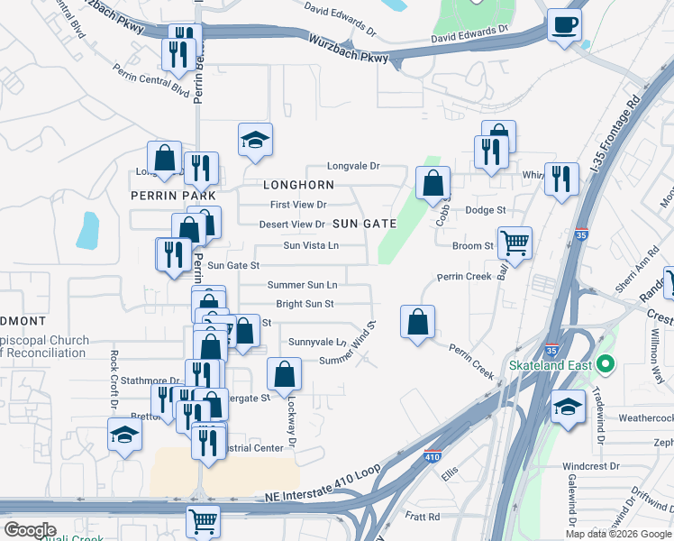map of restaurants, bars, coffee shops, grocery stores, and more near 4422 Sun Gate Street in San Antonio