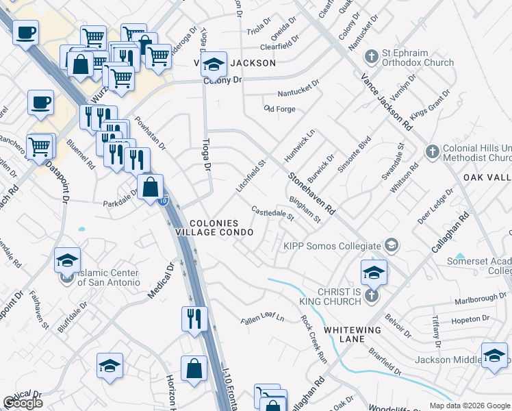 map of restaurants, bars, coffee shops, grocery stores, and more near 3315 Castledale Street in San Antonio