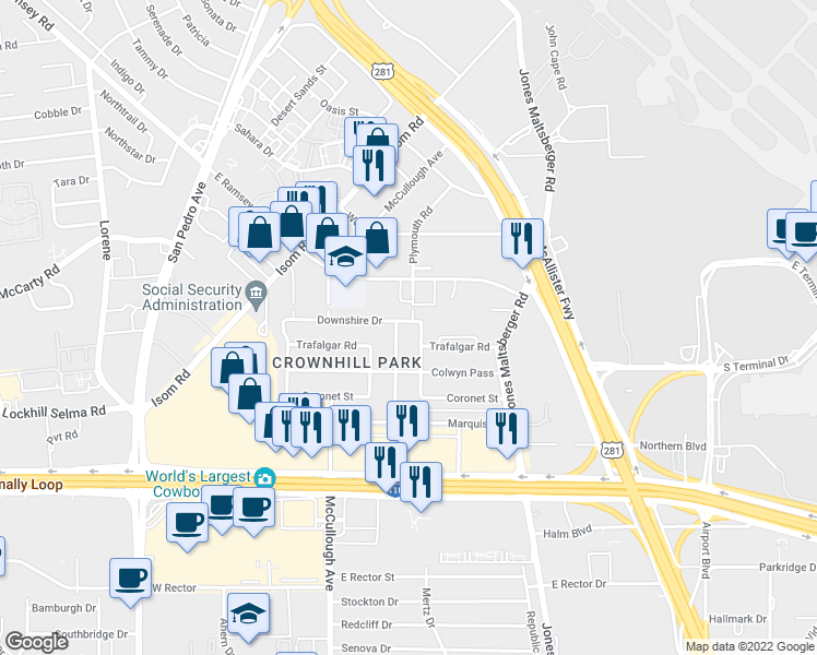 map of restaurants, bars, coffee shops, grocery stores, and more near 506 Downshire Drive in San Antonio