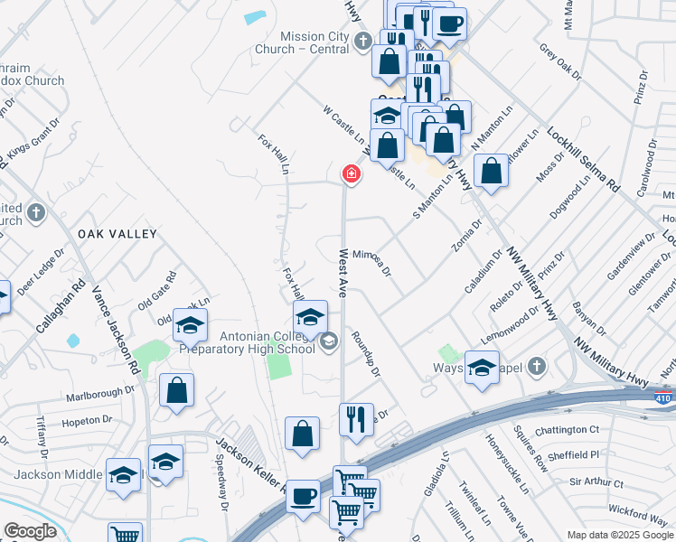 map of restaurants, bars, coffee shops, grocery stores, and more near 2 West Oaks Court in Castle Hills