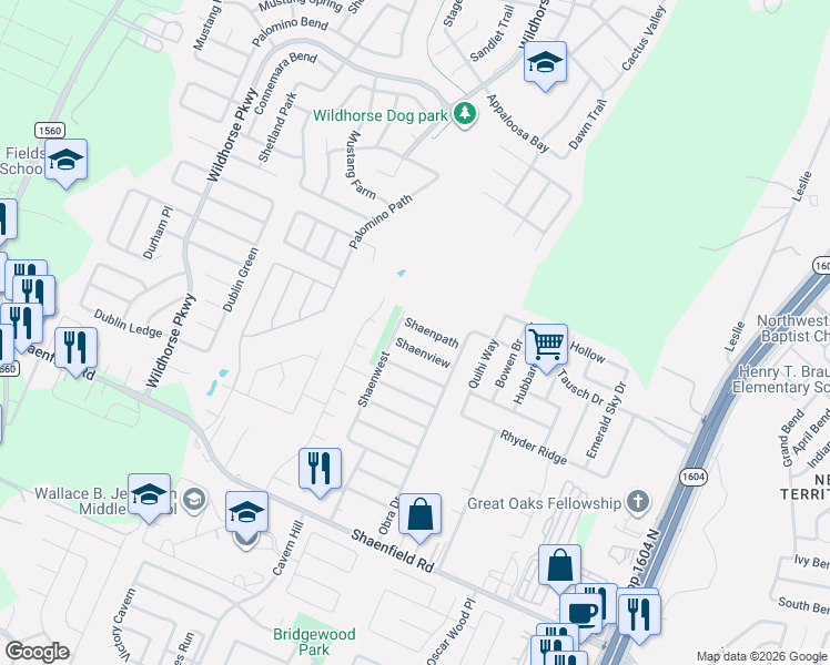 map of restaurants, bars, coffee shops, grocery stores, and more near 10734 Shaenpath in San Antonio