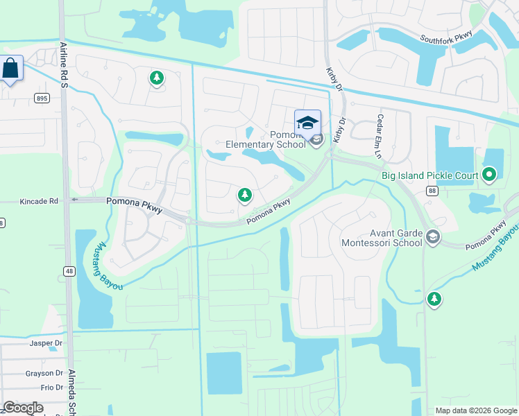 map of restaurants, bars, coffee shops, grocery stores, and more near 2409 Ponderosa Ridge Drive in Manvel