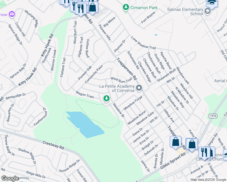 map of restaurants, bars, coffee shops, grocery stores, and more near 9731 Covered Wagon in Converse