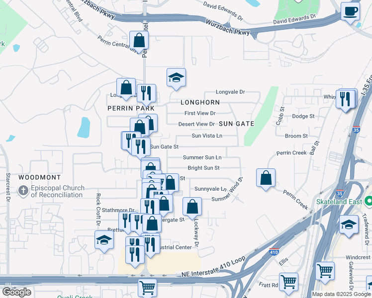 map of restaurants, bars, coffee shops, grocery stores, and more near 4314 Sun Gate Street in San Antonio