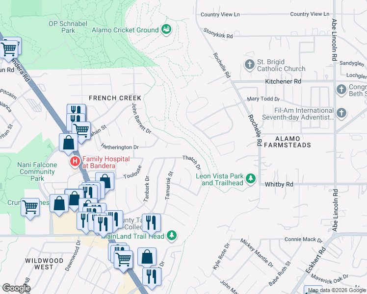 map of restaurants, bars, coffee shops, grocery stores, and more near 8907 John Barrett Drive in San Antonio