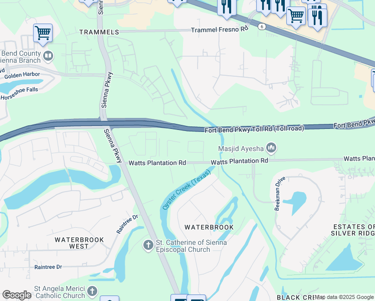map of restaurants, bars, coffee shops, grocery stores, and more near 5311 Arthurian Lane in Missouri City