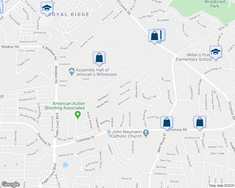 map of restaurants, bars, coffee shops, grocery stores, and more near 6419 Wind Path in San Antonio