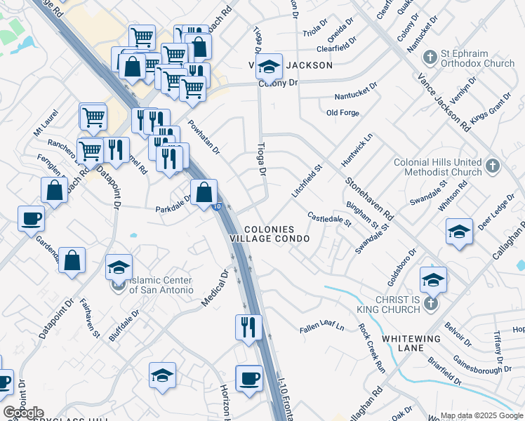map of restaurants, bars, coffee shops, grocery stores, and more near 9514 Powhatan Drive in San Antonio