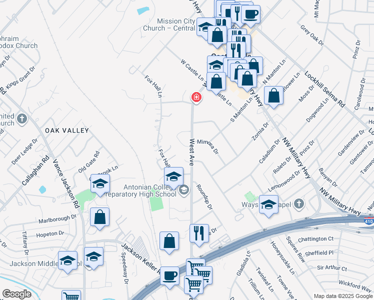 map of restaurants, bars, coffee shops, grocery stores, and more near 2 West Oaks Court in Castle Hills